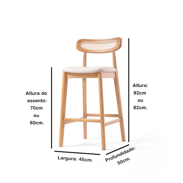 Banqueta Bari 02 em Madeira Maciça com Assento Estofado e Encosto em Palha Tingida
